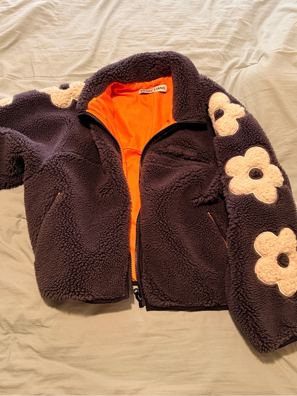 Sandy Liang Navy Sherpa Jacket with Orange Lining